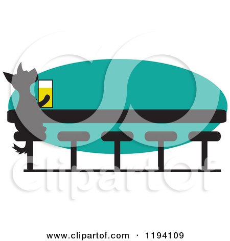 Cartoon of a Silhouetted Dog Sitting with a Beer on a Bar Stool over Turquoise - Royalty Free Vector Clipart by Maria Bell