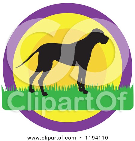 Cartoon of a Silhouetted Great Dane on Grass over the Sun and Purple - Royalty Free Vector Clipart by Maria Bell