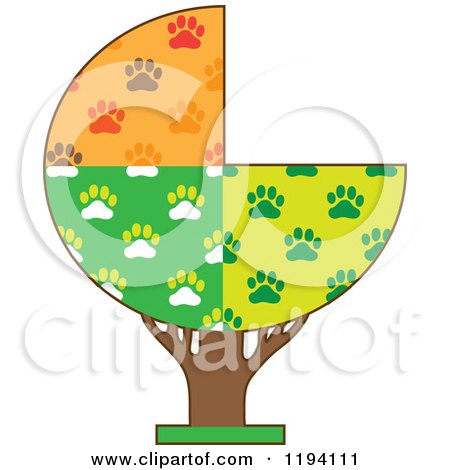 Cartoon of a Tree with Seasonal Dog Paw Patterned Sections - Royalty Free Vector Clipart by Maria Bell