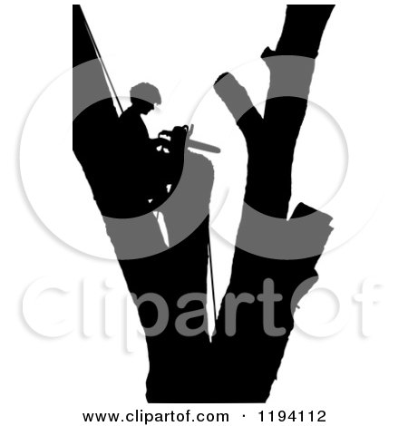 Cartoon of a Silhouetted Remorseful Arborist in a Branchless Tree with a Chain Saw - Royalty Free Vector Clipart by Maria Bell
