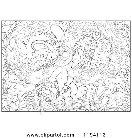 Cartoon of Black and White Line Art of a Butterfly over a Bunny Rabbit Gathering Mushrooms in the Woods - Royalty Free Vector Clipart by Alex Bannykh