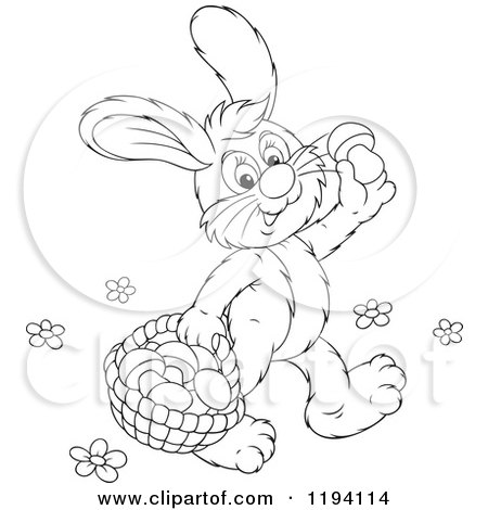 Cartoon of Black and White Line Art of a Bunny Rabbit Gathering Mushrooms - Royalty Free Vector Clipart by Alex Bannykh