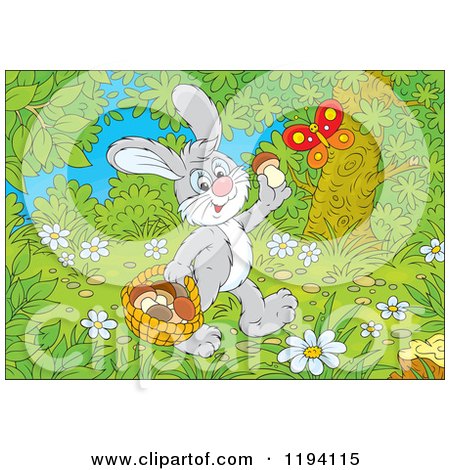 Cartoon of a Butterfly over a Happy Bunny Rabbit Gathering Mushrooms in the Woods - Royalty Free Vector Clipart by Alex Bannykh