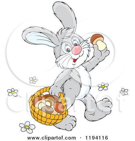 Cartoon of a Happy Bunny Rabbit Gathering Mushrooms - Royalty Free Vector Clipart by Alex Bannykh