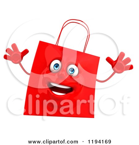 Clipart of a 3d Happy Red Shopping Bag Jumping - Royalty Free CGI