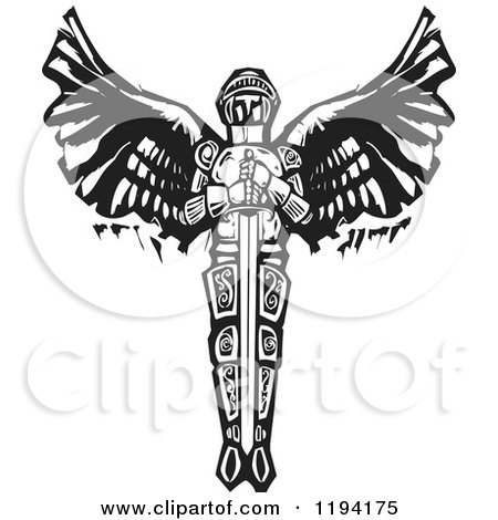Clipart of a Saint Michael the Archangel with a Sword Black and White Woodcut - Royalty Free Vector Illustration by xunantunich