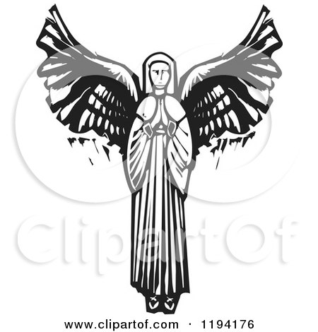 Clipart of a Praying Female Angel Black and White Woodcut - Royalty Free Vector Illustration by xunantunich