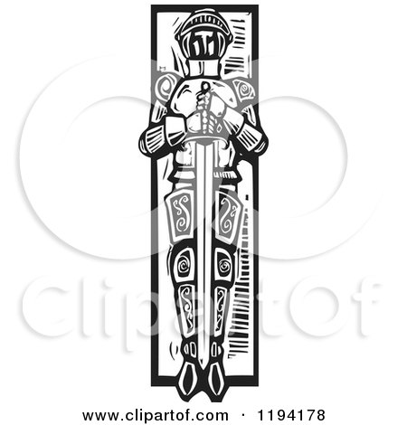Clipart of a Knight Laid to Rest with a Sword in a Grave Black and White Woodcut - Royalty Free Vector Illustration by xunantunich