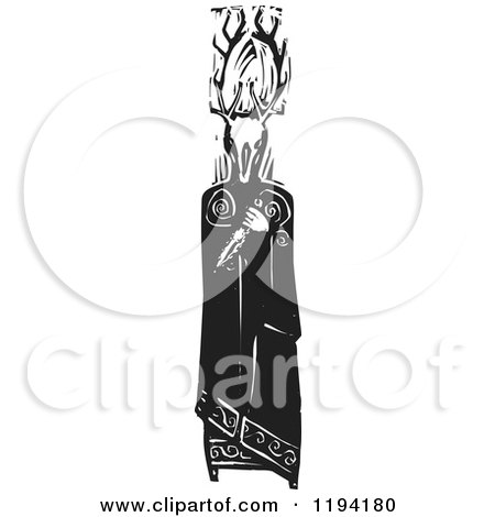 Clipart of the Celtic Horned God Cernunnos Holding a Knife Black and White Woodcut - Royalty Free Vector Illustration by xunantunich