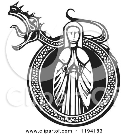 Clipart of a Praying Maiden in a Roaring Dragon Frame Black and White Woodcut - Royalty Free Vector Illustration by xunantunich