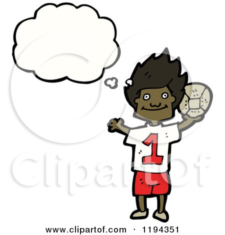 Cartoon of a Black Boy Thinking and Playing Soccer - Royalty Free Vector Illustration by lineartestpilot