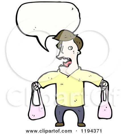 Cartoon of a Man Speaking and Holding Two Ladies Purses - Royalty Free Vector Illustration by lineartestpilot