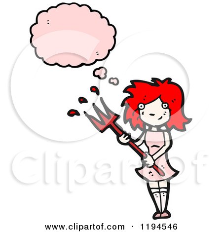 Cartoon of a Gir with a Pitchforkl Thinking - Royalty Free Vector Illustration by lineartestpilot