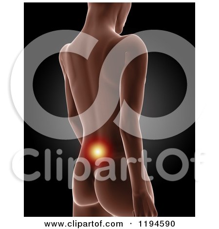 Clipart of a 3d Medical Female Model with Glowing Lower Back Pain, on Black 2 - Royalty Free CGI Illustration by KJ Pargeter