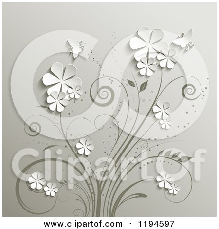 Clipart of 3d White Flowers and Butteflies Popping out from Vines - Royalty Free Vector Illustration by KJ Pargeter