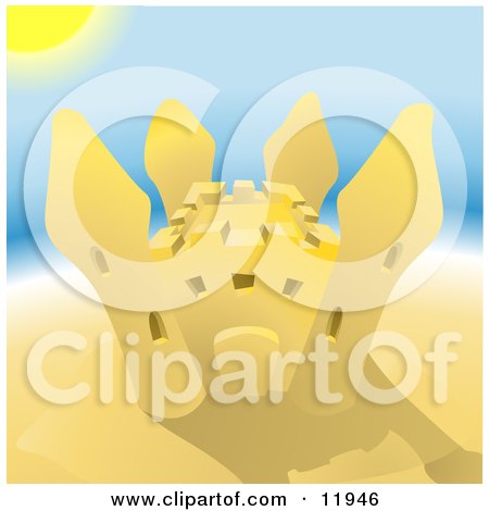 Pretty Sand Castle on a Beach on a Hot Sunny Summer Day Clipart Illustration by AtStockIllustration
