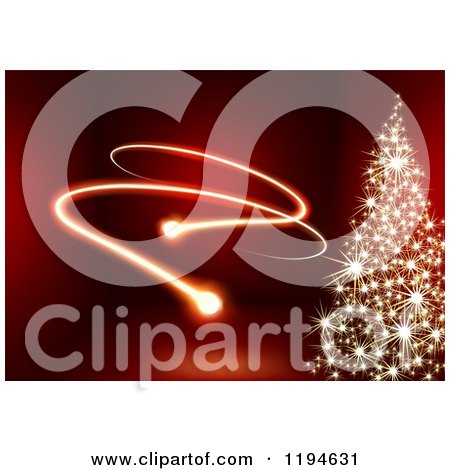 Clipart of a Gold Sparkle Christmas Tree on Red with Lights - Royalty Free Vector Illustration by dero