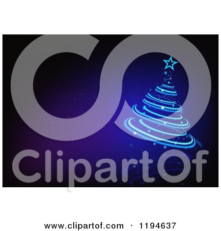Clipart of a Glowing Blue Christmas Tree on Purple - Royalty Free Vector Illustration by dero