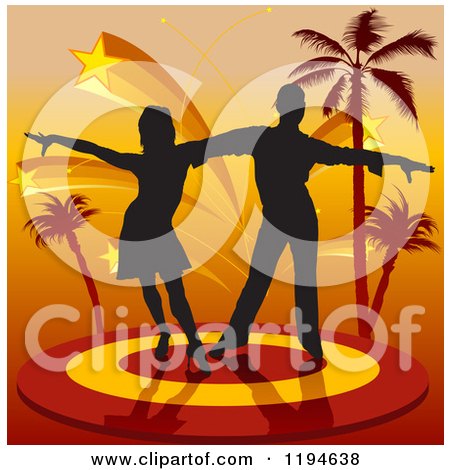 Clipart of a Silhouetted Latin Dancer Couple on a Stage with Stars and Palm Trees - Royalty Free Vector Illustration by dero