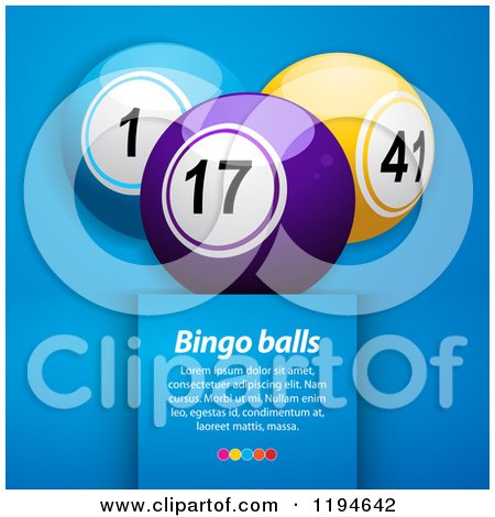 Clipart of Three 3d Bingo or Lottery Balls on Blue with Sample Text - Royalty Free Vector Illustration by elaineitalia