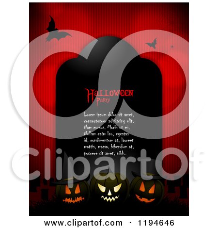 Clipart of a Black Tombstone with Halloween Party Sample Text and Glowing Halloween Pumpkins and Bats over Red - Royalty Free Vector Illustration by elaineitalia