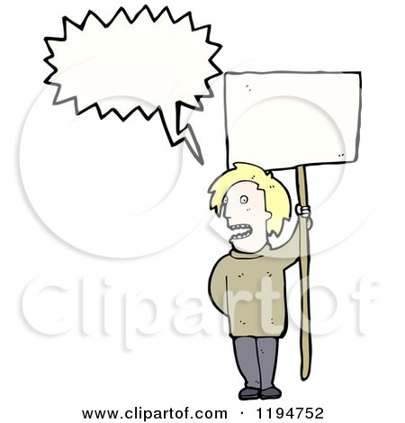 Cartoon of a Man Holding a Sign and Speaking - Royalty Free Vector Illustration by lineartestpilot