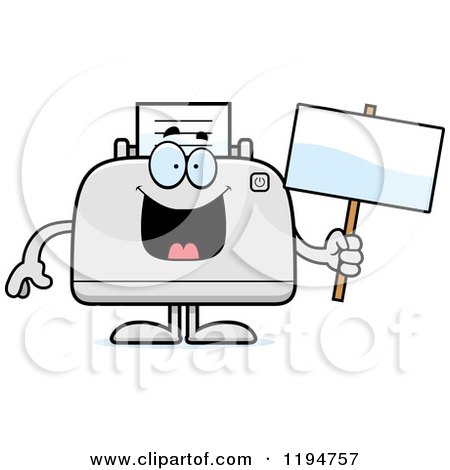 Cartoon of a Happy Printer Mascot Holding a Sign - Royalty Free Vector Clipart by Cory Thoman