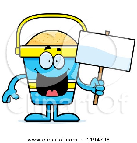 Cartoon of a Happy Beach Pail Mascot Holding a Sign - Royalty Free Vector Clipart by Cory Thoman