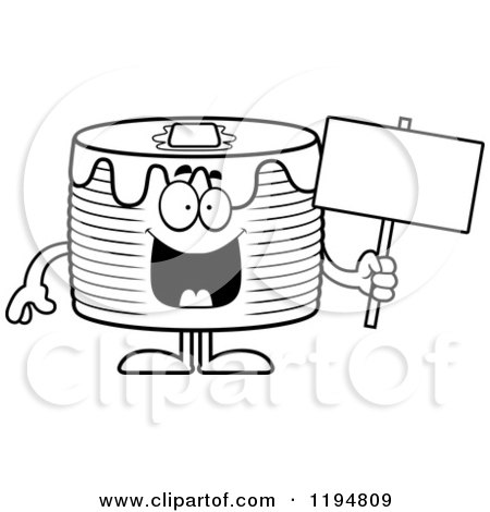 Cartoon of a Black And White Happy Pancakes Mascot Holding a Sign - Royalty Free Vector Clipart by Cory Thoman
