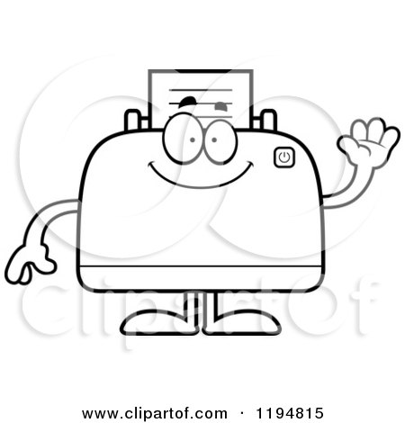 Cartoon of a Black And White Waving Printer Mascot - Royalty Free Vector Clipart by Cory Thoman