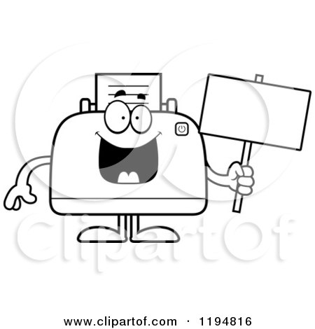Cartoon of a Black And White Happy Printer Mascot Holding a Sign - Royalty Free Vector Clipart by Cory Thoman