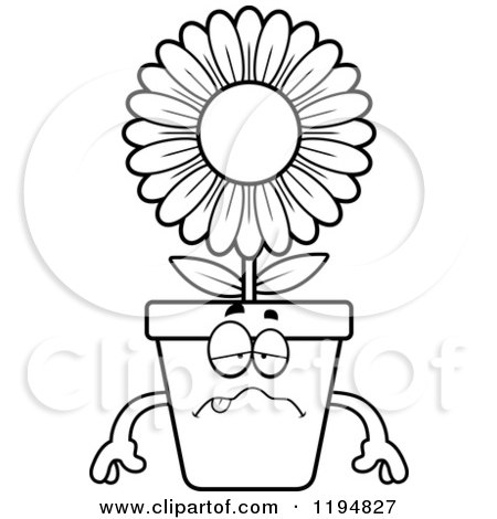Cartoon of a Black And White Sick Flower Pot Mascot - Royalty Free Vector Clipart by Cory Thoman