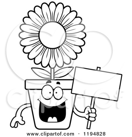 Cartoon of a Black And White Happy Flower Pot Mascot Holding a Sign - Royalty Free Vector Clipart by Cory Thoman