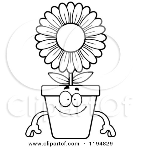 Cartoon of a Black And White Happy Flower Pot Mascot - Royalty Free Vector Clipart by Cory Thoman