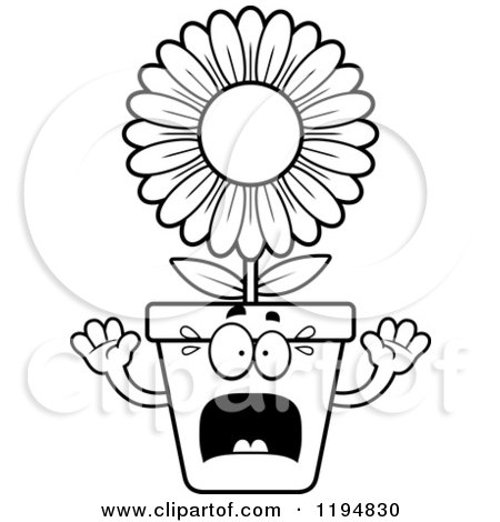 Cartoon of a Black And White Scared Flower Pot Mascot - Royalty Free Vector Clipart by Cory Thoman
