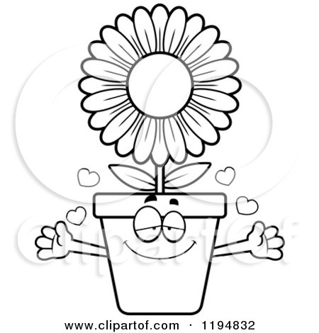 Cartoon of a Black And White Loving Flower Pot Mascot Wanting a Hug - Royalty Free Vector Clipart by Cory Thoman
