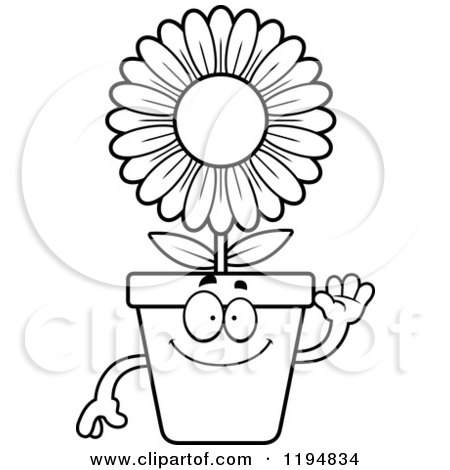 Cartoon of a Black And White Waving Flower Pot Mascot - Royalty Free Vector Clipart by Cory Thoman