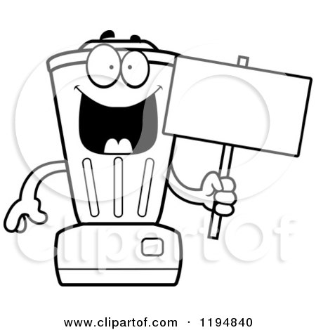 Cartoon of a Black And White Happy Blender Mascot Holding a Sign - Royalty Free Vector Clipart by Cory Thoman