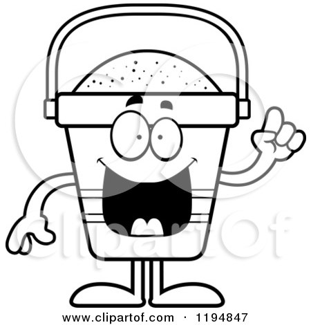 Cartoon of a Black And White Smart Beach Pail Mascot with an Idea - Royalty Free Vector Clipart by Cory Thoman