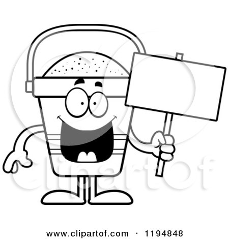 Cartoon of a Black And White Happy Beach Pail Mascot Holding a Sign - Royalty Free Vector Clipart by Cory Thoman