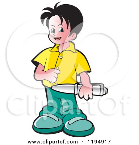 Clipart of a Happy School Boy Holding a Pen - Royalty Free Vector Illustration by Lal Perera