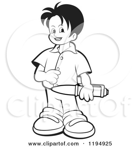 Clipart of a Black and White Happy School Boy Holding a Pen - Royalty Free Vector Illustration by Lal Perera