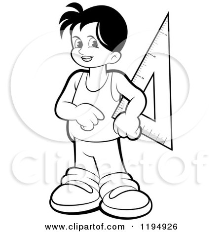 Clipart of a Black and White Happy School Boy with a Triangel Ruler - Royalty Free Vector Illustration by Lal Perera