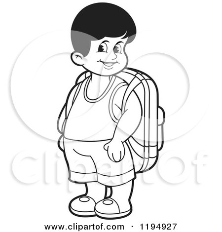 Clipart of a Black and White Happy School Boy with a Backpack - Royalty Free Vector Illustration by Lal Perera
