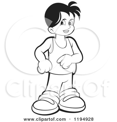Clipart of a Black and White Happy Standing Boy - Royalty Free Vector Illustration by Lal Perera