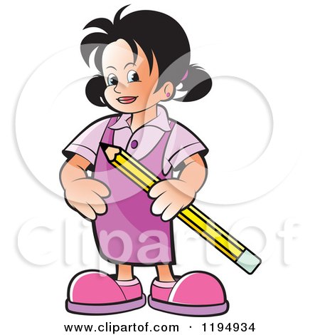 Clipart of a Happy School Girl Holding a Giant Pencil - Royalty Free Vector Illustration by Lal Perera