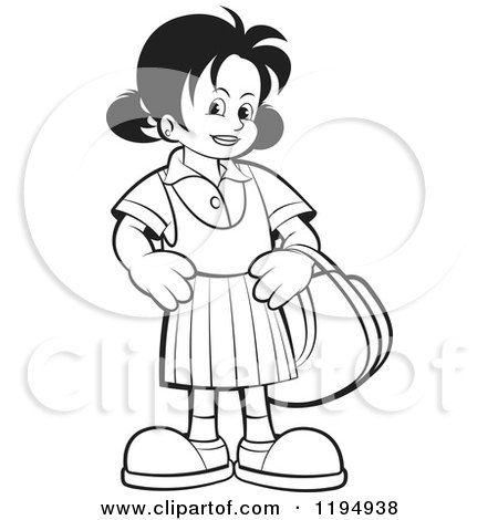 Clipart of a Black and White Happy School Girl with a Bag - Royalty Free Vector Illustration by Lal Perera