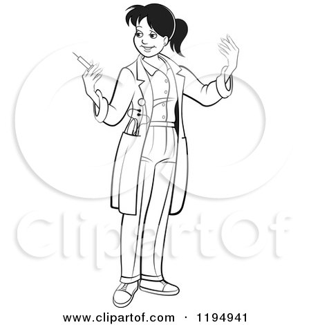 Clipart of a Black and White Female Doctor Holding a Vaccine Syringe - Royalty Free Vector Illustration by Lal Perera