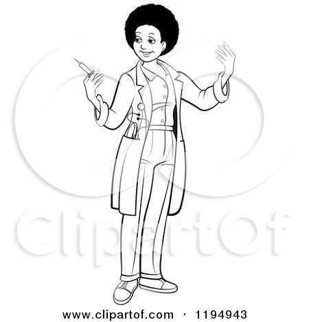 Clipart of a Black and White Female African American Doctor Holding a Vaccine Syringe - Royalty Free Vector Illustration by Lal Perera