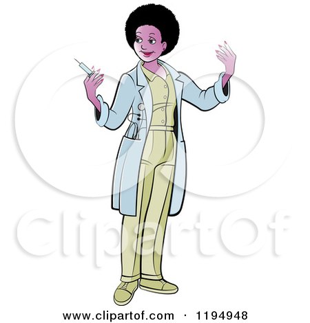 Clipart of a Black Female Doctor Holding a Vaccine Syringe - Royalty Free Vector Illustration by Lal Perera